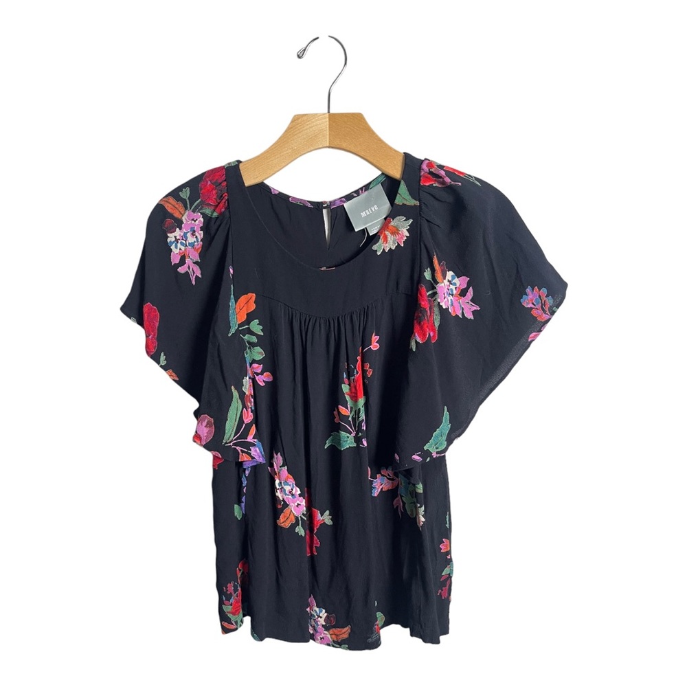 Anthropologie Maeve Prato Flutter Black Floral Blouse Womens XS - Picture 2 of 11